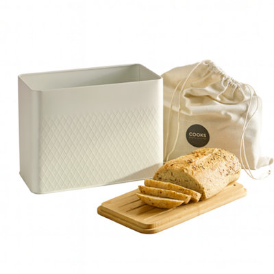 Cooks Professional White Diamond Pattern Bread Bin With Linen Bag & Bamboo Cutting Board Lid