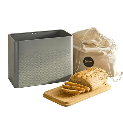 Cooks Professional Bread Bin with Linen Bag & Bamboo Cutting Board Lid | Modern & Stylish Diamond Pattern, Breathable Countertop Food Storage Canister for Loaves, Rolls, Pastries | Grey - Image 6