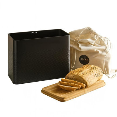Cooks Professional Black Diamond Pattern Bread Bin With Linen Bag & Bamboo Cutting Board Lid