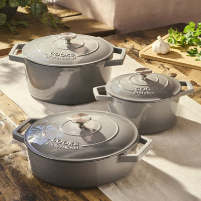 Cooks Professional - Cast Iron Casserole Dish Set - 20cm, 26cm & 28cm - Grey - Image 6