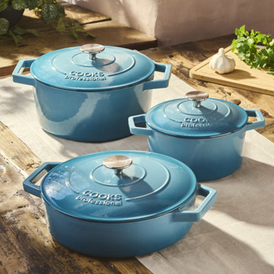 Cooks Professional Unisex Teal Set Of Cast Iron Casserole Dishes With Lids - 20, 26 & 28Cm Diameter In Size 3 - Image 5