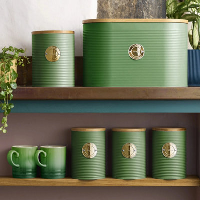 Cooks Professional 5Pc TeaCoffeeSugarBiscuit & Bread Ribbed Canister Kitchen Storage Set With Bamboo LidsGreen & Gold from B&Q