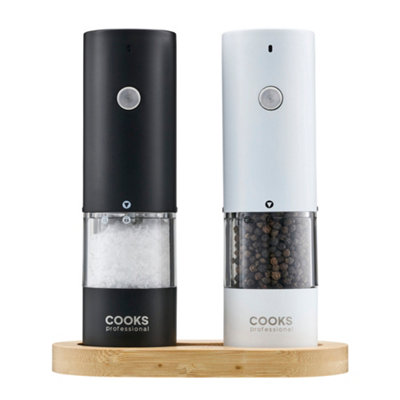 Cooks Professional Rechargeable Salt And Pepper Mill Set With Bamboo Base - Black & White, Multi - Image 6
