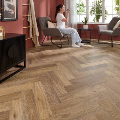 Herringbone Parquet Engineered Wood Flooring 14mm Genuine Smoke Grey Oak Brushed Oiled 1.05M²