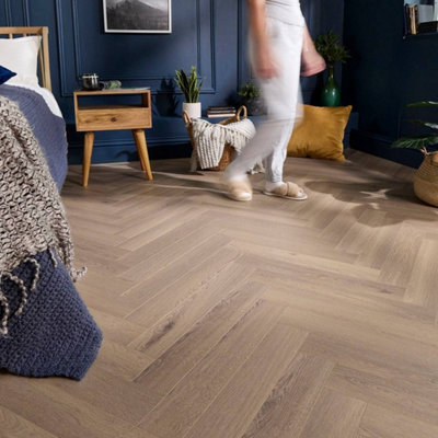 Embrace Herringbone Laminate Flooring Crystal Oak 14mm Built-In Underlay from B&Q