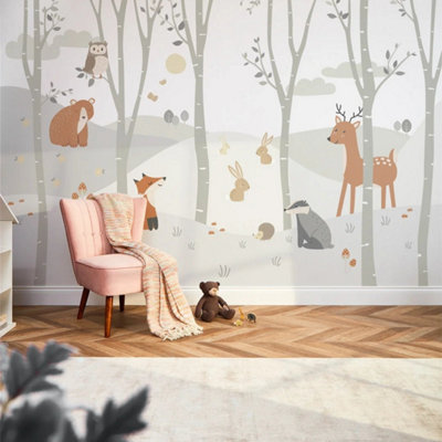 I Love Wallpaper Woodland Animal Mural In Grey (300Cm X 240Cm) from B&Q