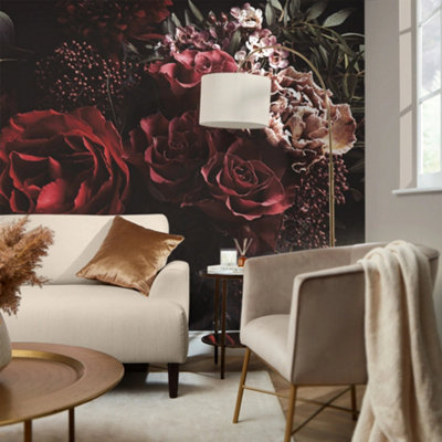 I Love Wallpaper Dark Floral Bouquet Mural In Pink And Red from B&Q