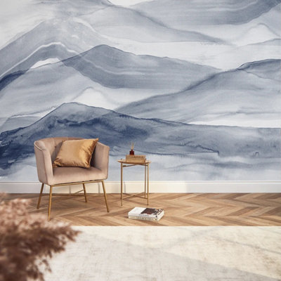 I Love Wallpaper Watercolour Mountains Mural In Deep Blue from B&Q