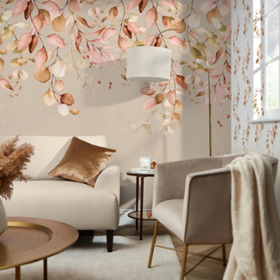 I Love Wallpaper Eucalyptus Cascade Mural In Autumn Browns And Oranges On Taupe from B&Q
