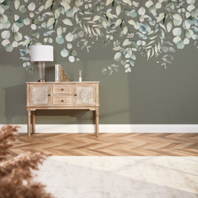 I Love Wallpaper Eucalyptus Cascade Mural In Watercolour Greens On Smokey Green (350Cm X 240Cm) from B&Q
