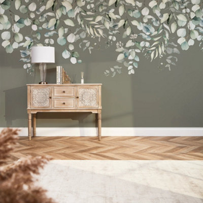 I Love Wallpaper Eucalyptus Cascade Mural In Watercolour Greens On Smokey Green from B&Q