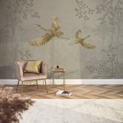 I Love Wallpaper Oriental Cranes Mural In Stone With Gold Effect (350Cm X 240Cm) from B&Q