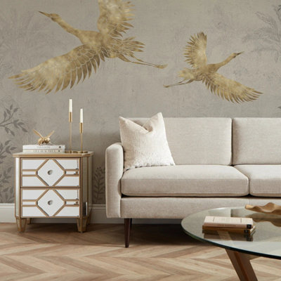 I Love Wallpaper Oriental Cranes Mural In Stone With Gold Effect from B&Q