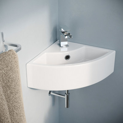 B&Q -  Quarter Circle 465 X 325mm Corner Cloakroom Basin & Waterfall Tap Waste