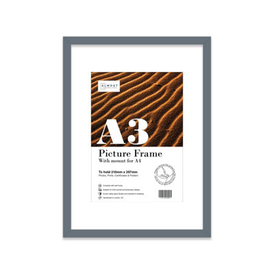 A3 Grey Picture Frame With Mount For A4 (21 X 29.7Cm -8.3 X 11.7In) PosterPhotoArtworkOr Print. from B&Q