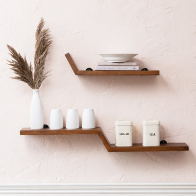 B&Q -  Penny Set Of 2 Wall Shelf Solid Wood Walnut Floating Shelf Living Bedroom Kitchen Wall Mounted Wooden Shelves