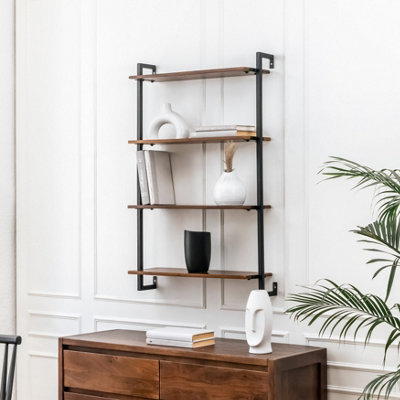 MH London Phantom 4 Tier Wood & Iron Wall Shelf Floating Shelf Wall Mounted Shelf Book Shelves In Walnut