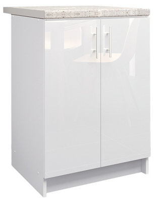 B&Q -  Kitchen Base Unit 600mm Storage Cabinet With Doors Shelf 60Cm White Gloss With Worktop