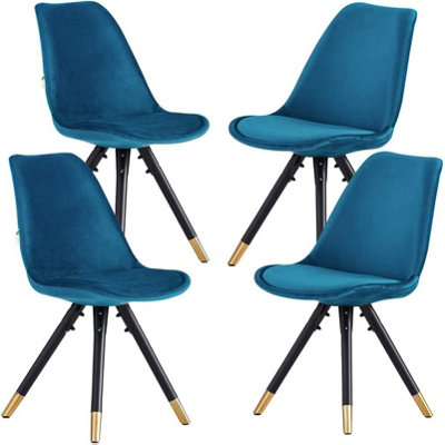 B&Q -  Set Of 4 Blue Sofia Ergonomic Modern Dining Chairs Upholstered In VelvetMetal Legs With Gold End Tips