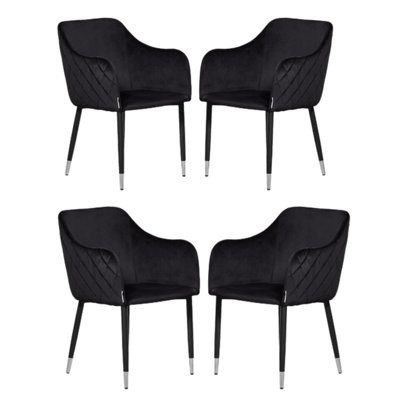 Life Interiors Black/Silver Set Of Verona Velvet Dining Chairs With Quilted Back & Legs - Modern Accent Chair With Foot Tips Size 4