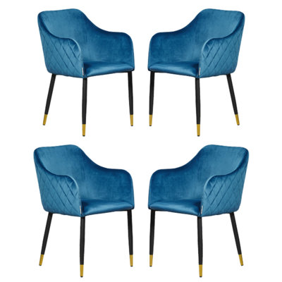 Life Interiors Blue/Black/Gold Set Of Verona Velvet Dining Chairs With Quilted Back & Legs - Modern Accent Chair With Foot Tips Size 4