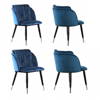 B&Q -  Set Of 4 Blue Milano Velvet Dining Chairs With Stylish Ribbed Back DesignBlack Metal Legs With Silver Tips