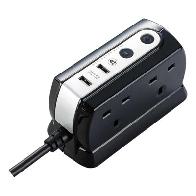 B&Q -  4 Socket Surge Protected Extension Lead 2 Metre Dual Usb Ports Power Strip 13A Switched Black