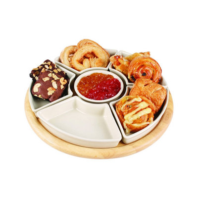 Apollo Lazy Susan Rotating Snack & Dip Serving Set With 6 Ceramic Dishes 35Cm Hevea Wood Durable Stylish Turntable from B&Q