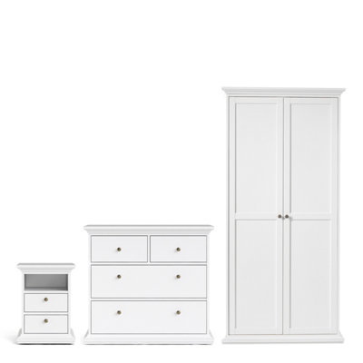 Furniture To Go Paris 3 Piece Bundle, Bedside, Chest And 2 Door Wardrobe In White