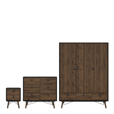 Furniture To Go Ry 3 Piece BundleBedsideChest And 3 Door 3 Drawer Wardrobe In Matt Black Walnut from B&Q