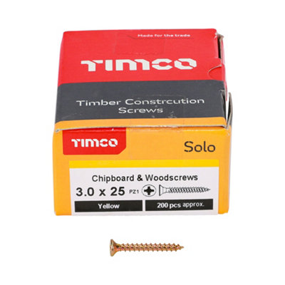 Timco Solo Yellow Woodscrew Pozi Countersunk Soloc3.0mm X 25mmPack Of 1000 from B&Q