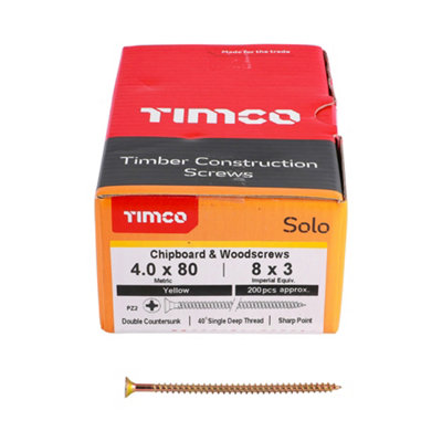 Timco Solo Yellow Woodscrew Pozi Countersunk Soloc4.0mm X 80mmPack Of 1000 from B&Q
