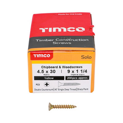 Timco Solo Yellow Woodscrew Pozi Countersunk Soloc4.5mm X 30mmPack Of 1000 from B&Q