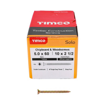 Timco Solo Yellow Woodscrew Pozi Countersunk Soloc5.0mm X 60mmPack Of 1000 from B&Q