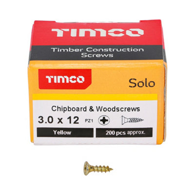 Timco Solo Yellow Woodscrew Pozi Countersunk Soloc3.0mm X 12mmBox Of 200 from B&Q