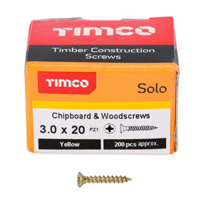 Timco Solo Yellow Woodscrew Pozi Countersunk Soloc3.0mm X 20mmBox Of 200 from B&Q