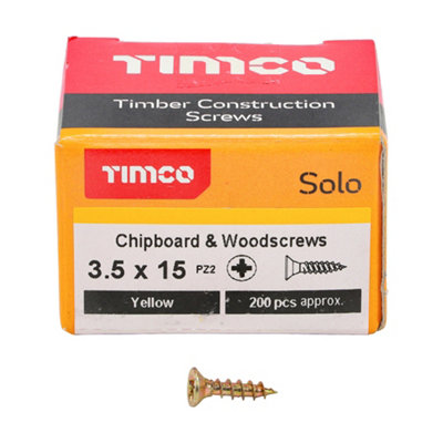 Timco Solo Yellow Woodscrew Pozi Countersunk Soloc3.5mm X 15mmBox Of 200 from B&Q