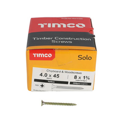 Timco Solo Yellow Woodscrew Pozi Countersunk Soloc4.0mm X 45mmBox Of 200 from B&Q