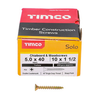 Timco Solo Yellow Woodscrew Pozi Countersunk Soloc5.0mm X 40mmBox Of 200 from B&Q