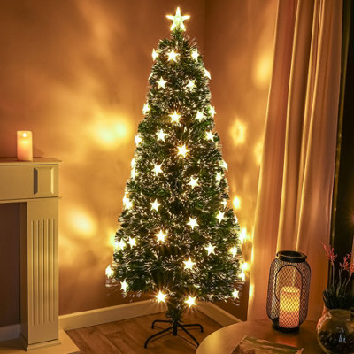  - 5Ft (150Cm) Green Fibre Optic Christmas Tree With Warm White Led Lights And Stars