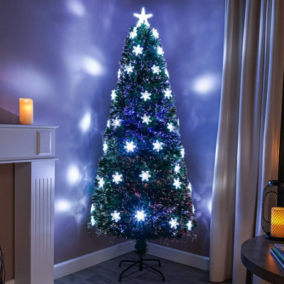  - 6Ft (180Cm) Green Fibre Optic Christmas Tree With White Led LightsMulti-Coloured Fibre Optics And Snowflakes