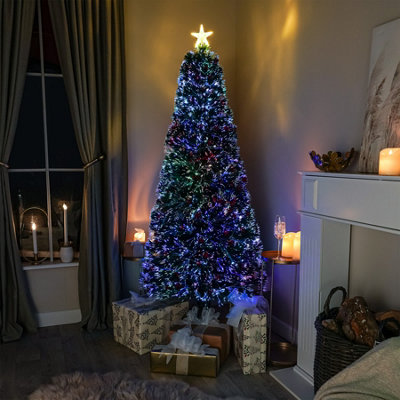 B&Q Green/Red Fibre Optic Christmas Tree With Multi Colou Fibre Optic Lights And Berries 7Ft