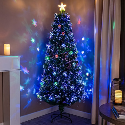  - 5Ft (150Cm) Green Fibre Optic Christmas Tree With Multi-Coloured Led Lights And Baubles