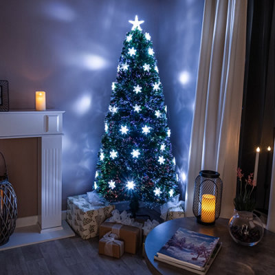  - 7Ft (210Cm) Green Fibre Optic Christmas Tree With White Led LightsMulti-Coloured Fibre Optics And Snowflakes