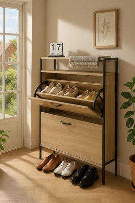 Celino Shoe Cabinet With 2 DrawersPull Down Mdf Wooden Shoe Storage Shelves Organizer Cupboard Shoes Rack Cabinet Freestanding from B&Q
