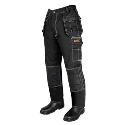 B&Q -  Sublime Mens Work Trousers Elasticated Waist Safety Combat Pants With Holster And Knee Pad Pockets Black (42W / 29L)