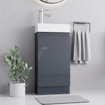 B&Q -  400mm Bathroom Vanity Units With Basin With White Ceramic Bathroom Sink Soft Close Hinges & 1 Tap Hole (Denvor Grey)