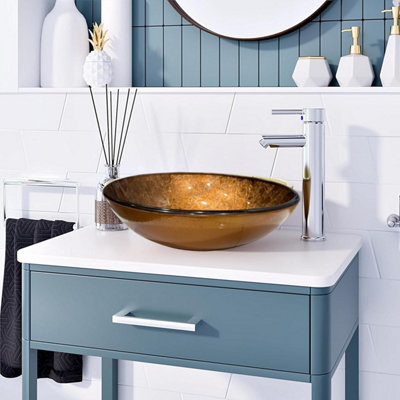 Belofay 42X14X42Cm Gold Glass Bathroom Counter Top Wash Basin Sink Cloakroom Basin With TapBottle Trap & Pop Up Waste from B&Q