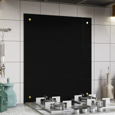 Belofay 60X65Cm Black Tempered Glass Splashback For Kitchen 6mm Toughened Glass Heat Resistant Splashbacks Pre-Drilled With Fixing