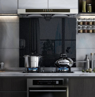 Belofay 60X65Cm Black Sparkles Tempered Glass Splashback For Kitchen6mm Toughened Glass Heat Resistant Splashbacks from B&Q
